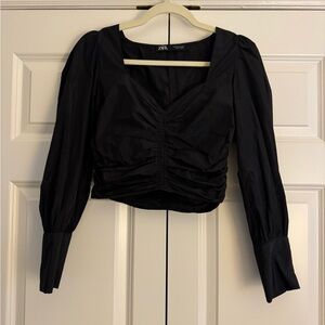 Zara Cropped Black Ruched Blouse